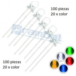Pack 100 Diodos led 5mm transparentes de 5 colores, 20 Pcs cada color.