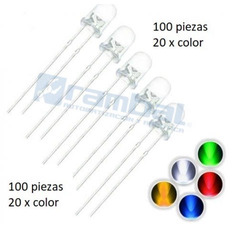 Pack 100 Diodos led 5mm transparentes de 5 colores, 20 Pcs cada color.
