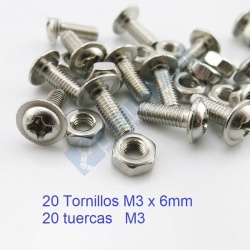 Pack 20 tornillos con tuerca M3 x 6mm cabeza brida de tipo Philips.