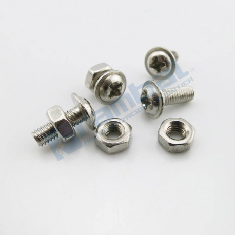 Pack 20 tornillos con tuerca M3 x 6mm cabeza brida de tipo Philips.