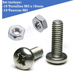Set 20 Tornillos y Tuercas M2 x 10mm de acero inoxidable, cabezal redondo cruz